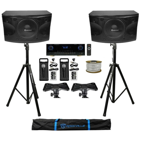 2) Rockville KPS12 12" Karaoke Vocal Speakers+Bluetooth Amplifier Mixer+2) Mics + Rockville R14GSBR100 Red/Blk 14 Gauge 100' Ft. Mini Spool Car Audio Speaker Wire