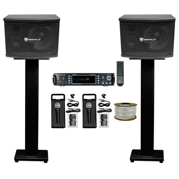 (2) Rockville KPS65 6.5" 400w Karaoke/Pro Speakers+Bluetooth Amp+Stands+(2) Mics + Rockville R14GSBR100 Red/Blk 14 Gauge 100' Ft. Mini Spool Car Audio Speaker Wire