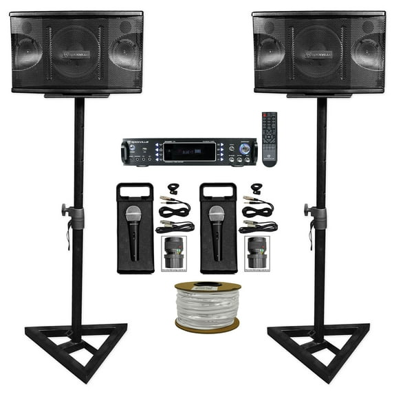 (2) Rockville KPS80 8" Karaoke Speakers+Bluetooth Amp+Adjustable Stands+(2) Mics + Rockville R14GSBR100 Red/Blk 14 Gauge 100' Ft. Mini Spool Car Audio Speaker Wire