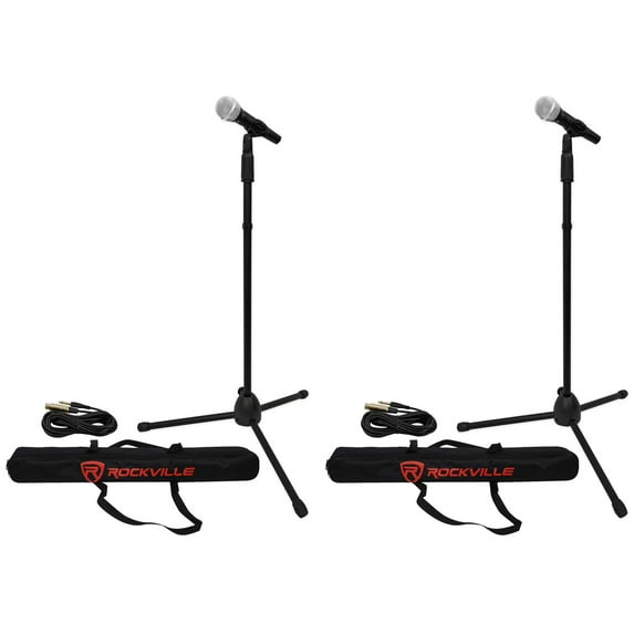 (2) Rockville Pro MIc Kit 1 Metal Microphones + Mic Stands + Carry Bags + Cables