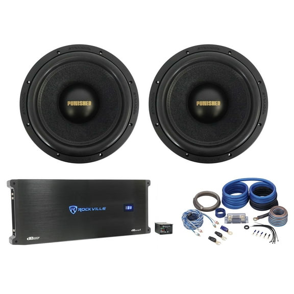 2) Rockville Punisher 12D1 12" 5600w Competition Subwoofers+Mono Amplifier+Wires