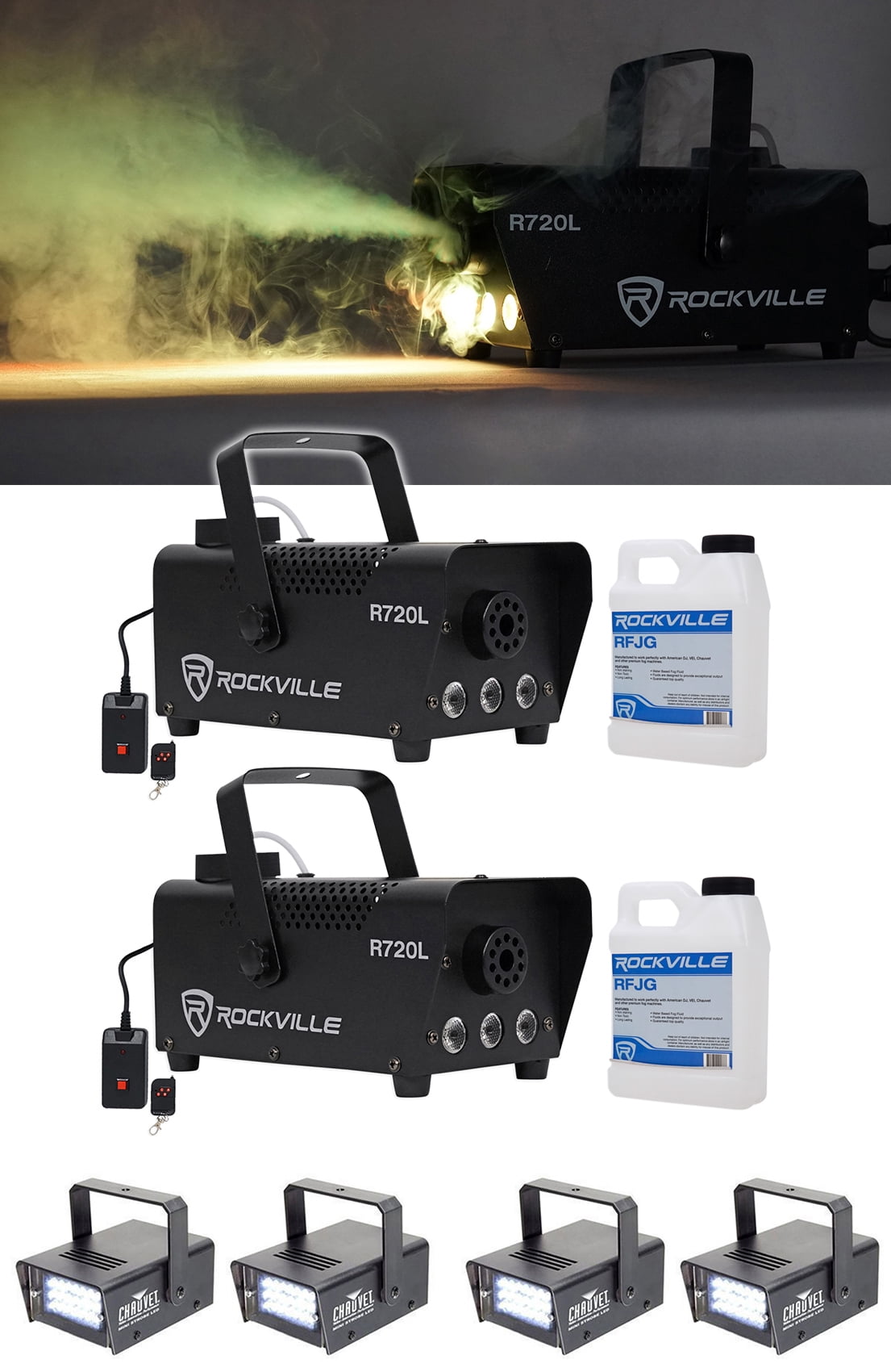 (2) Rockville R720L LED Fog/Smoke Machine+(4) MINI STROBE LED (replaces CH-730)