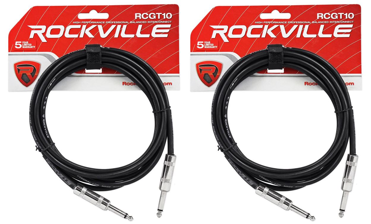 2 Rockville RCGT10B 10'  1/4" TS to 1/4'' TS Guitar/Instrument Cable