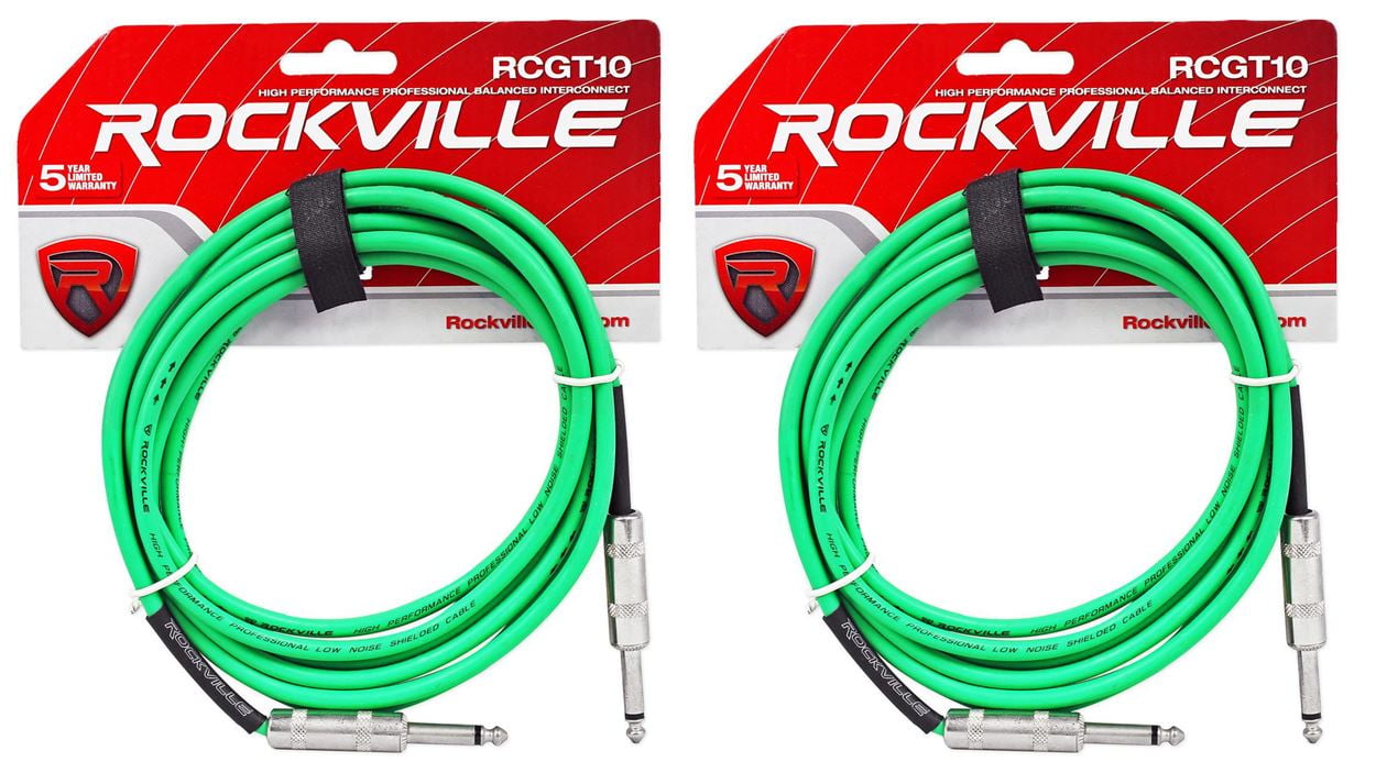 2 Rockville RCGT10G 10'  1/4" TS to 1/4'' TS Guitar/Instrument Cable