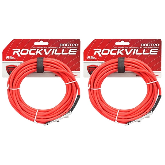 2 Rockville RCGT20R 20'  1/4" TS to 1/4'' TS Guitar/Instrument Cable