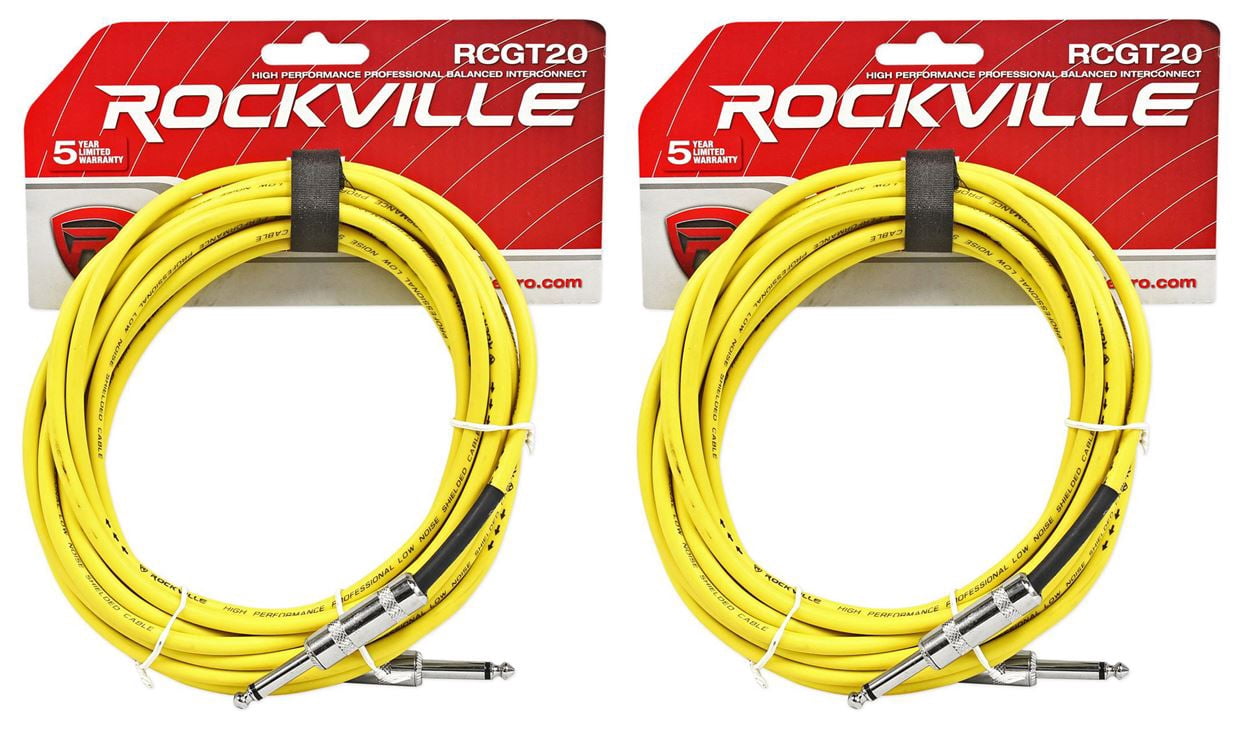 2 Rockville RCGT20Y 20'  1/4" TS to 1/4'' TS Guitar/Instrument Cable