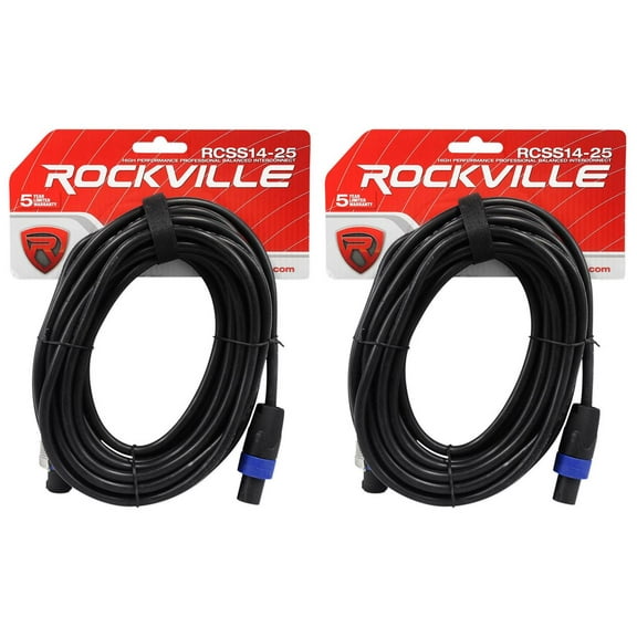 2 Rockville RCSS1425 25' 14 AWG 100% Copper Speakon to Speakon Pro Speaker Cable