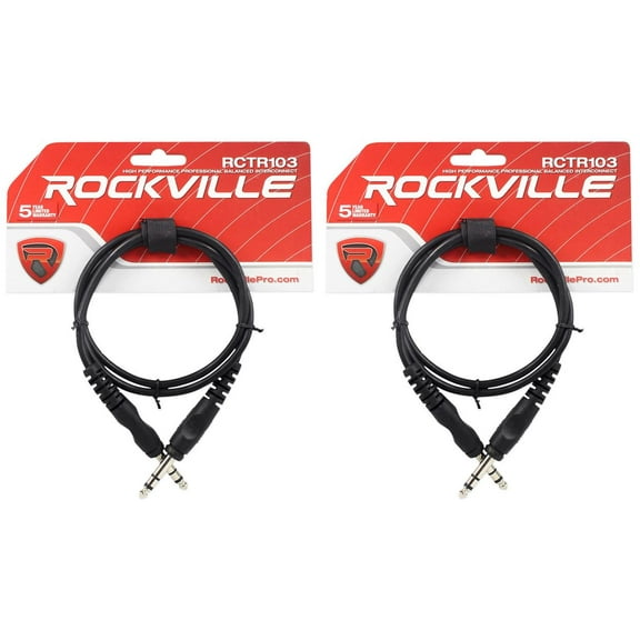 2 Rockville RCTR103B Black 3' 1/4'' TRS to 1/4'' TRS Cable 100% Copper