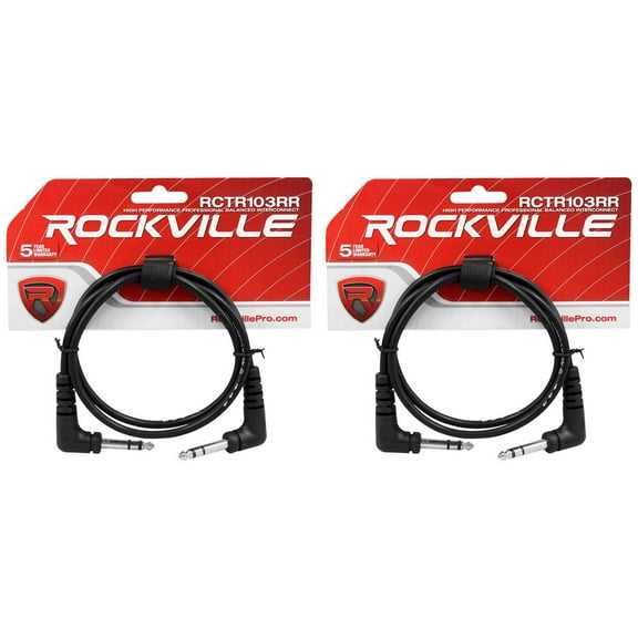 2 Rockville RCTR103RR-B 3' Black 1/4" TRS Right Angle to Same Cable 100% Copper