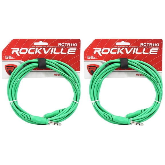 2 Rockville RCTR110G Green 10' 1/4'' TRS to 1/4'' TRS  Cable 100% Copper