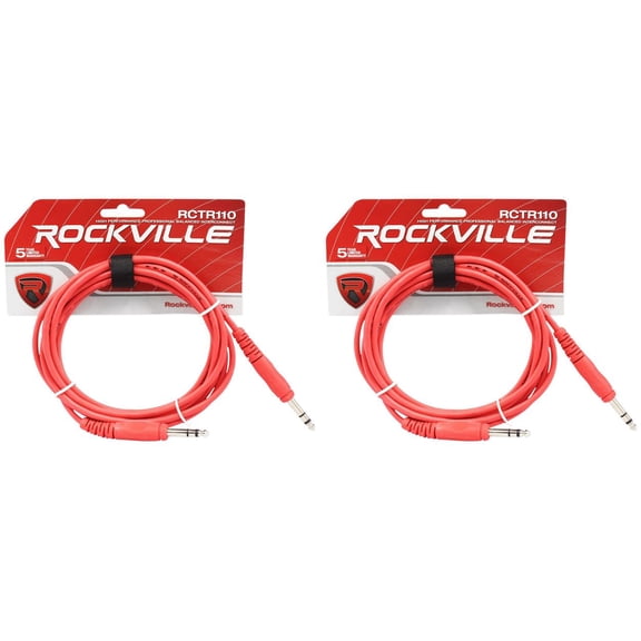 2 Rockville RCTR110R Red 10' 1/4'' TRS to 1/4'' TRS Cable 100% Copper
