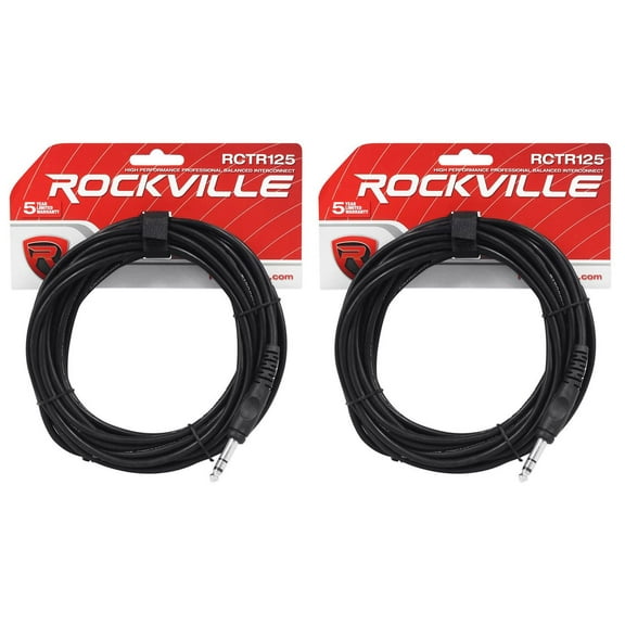 2 Rockville RCTR125B 25' 1/4'' TRS to 1/4'' TRS Cable, Black, 100% Copper