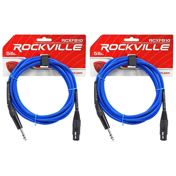 2 Rockville RCXFB10Bl Blue 10' Female REAN XLR to 1/4'' TRS Balanced Cables OFC