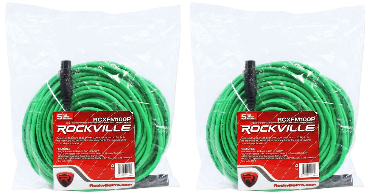 2 Rockville RCXFM100P-G Green 100' Female to Male REAN XLR Mic Cable 100% Copper