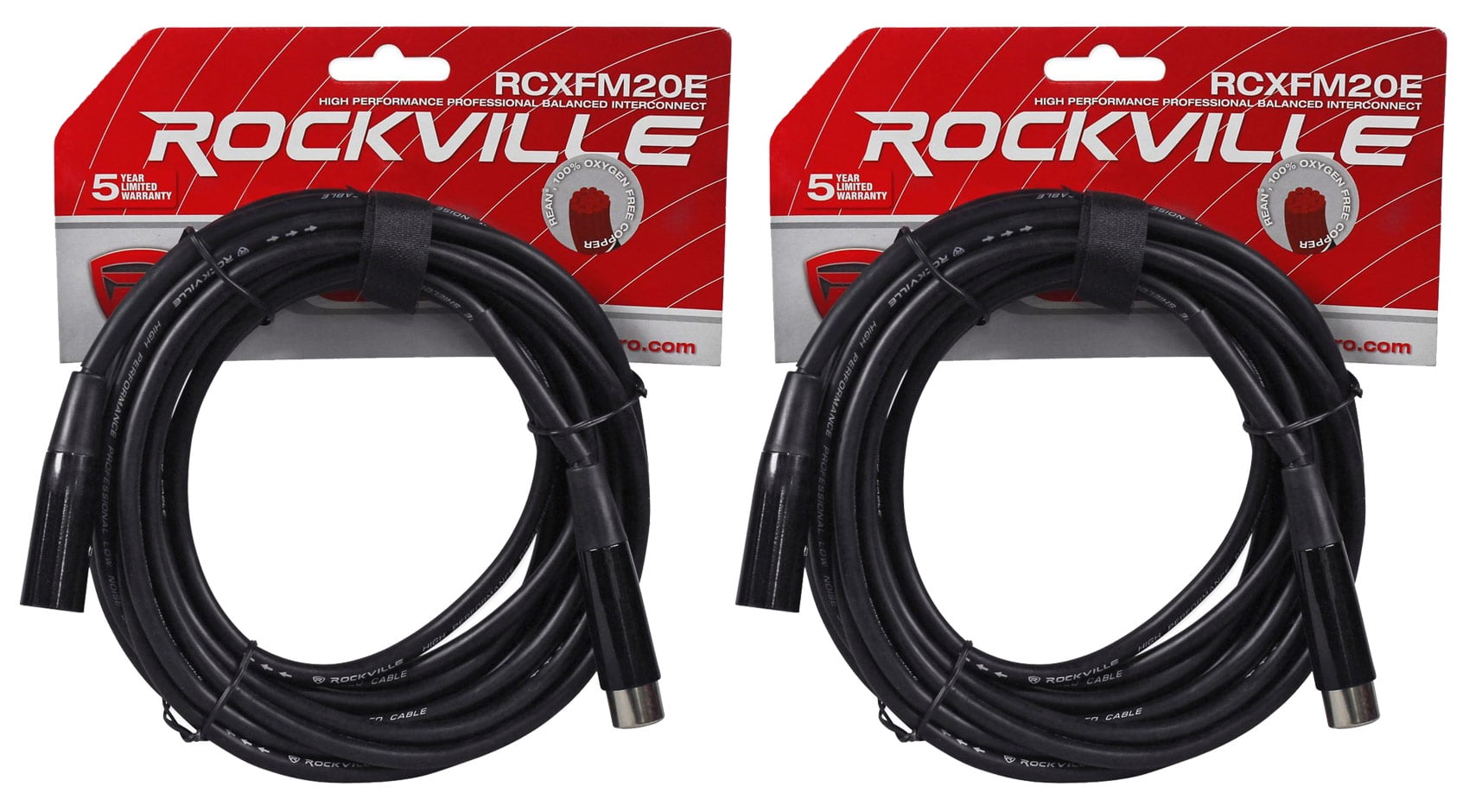 (2) Rockville RCXFM20E-B 20 Ft Female to Male XLR Mic Cables Black 100% Copper