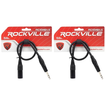 2 Rockville RCXMB1.5B Black 1.5' Male REAN XLR to 1/4'' TRS Balanced Cables