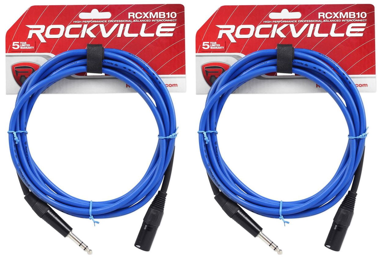2 Rockville RCXMB10-BL Blue 10' Male REAN XLR to 1/4'' TRS Balanced Cables