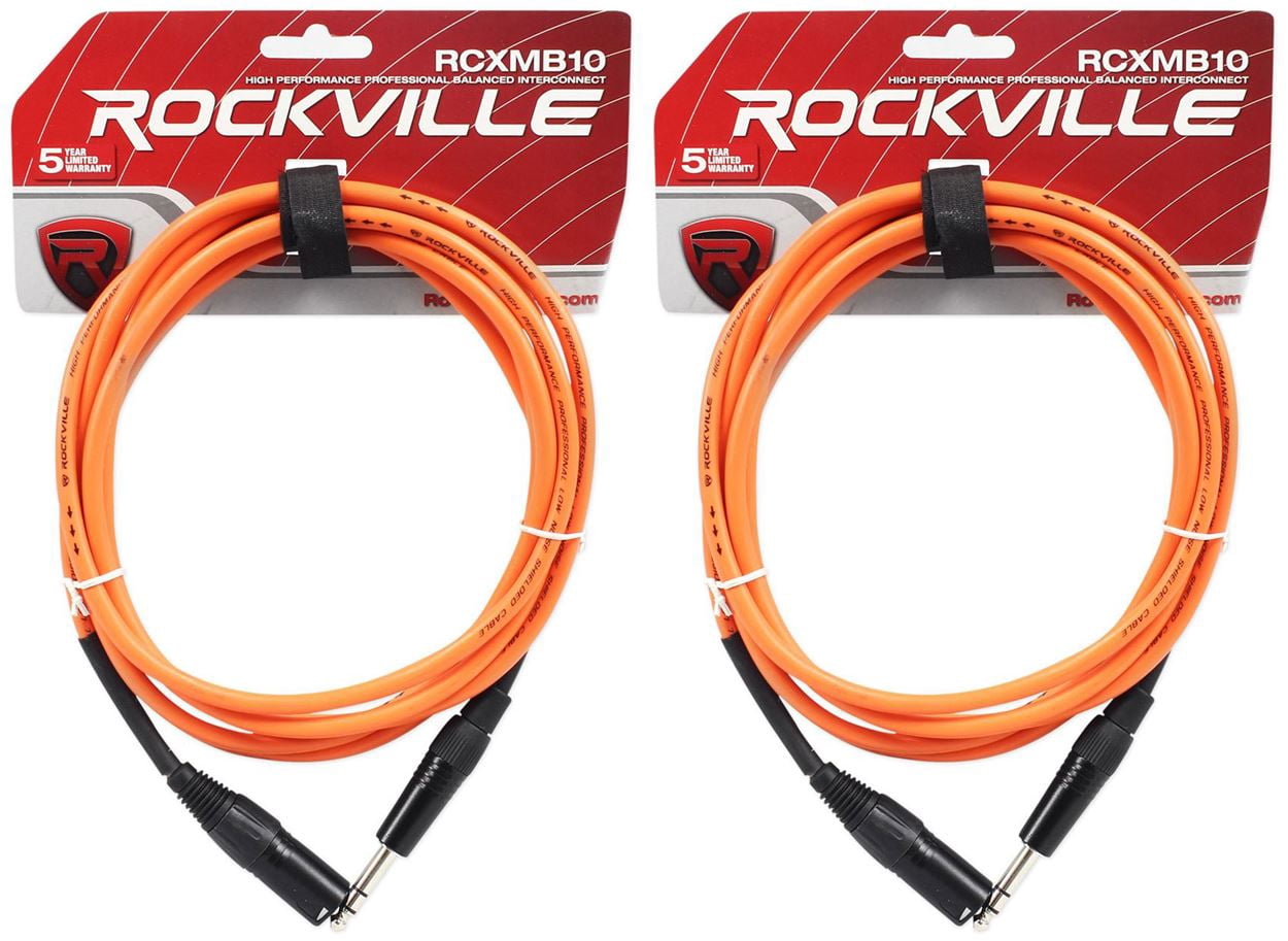 2 Rockville RCXMB10-O Orange 10' Male REAN XLR to 1/4'' TRS Balanced Cables