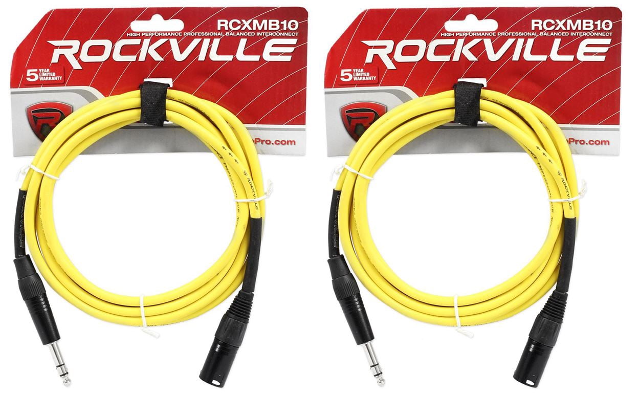 2 Rockville RCXMB10-Y Yellow 10' Male REAN XLR to 1/4'' TRS Balanced Cables