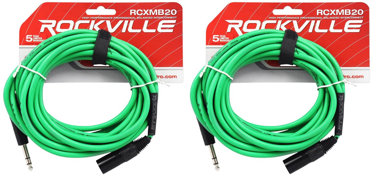 2 Rockville RCXMB20-G Green 20' Male REAN XLR to 1/4'' TRS Balanced Cables