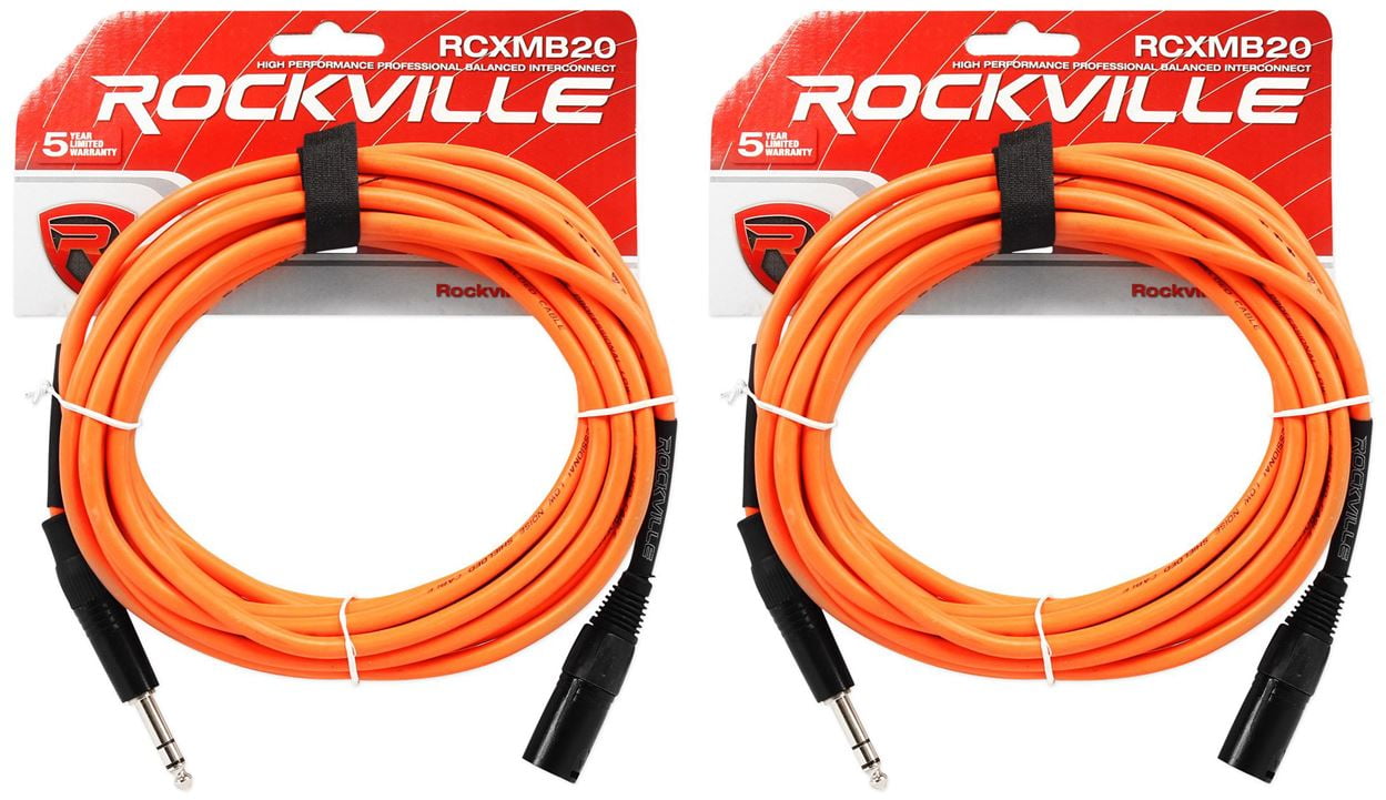 2 Rockville RCXMB20-O Orange 20' Male REAN XLR to 1/4'' TRS Balanced Cables