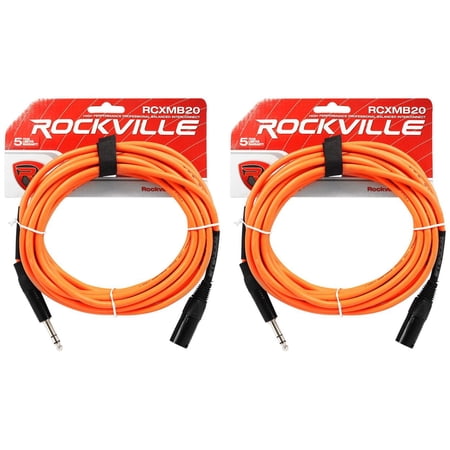 2 Rockville RCXMB20-O Orange 20' Male REAN XLR to 1/4'' TRS Balanced Cables
