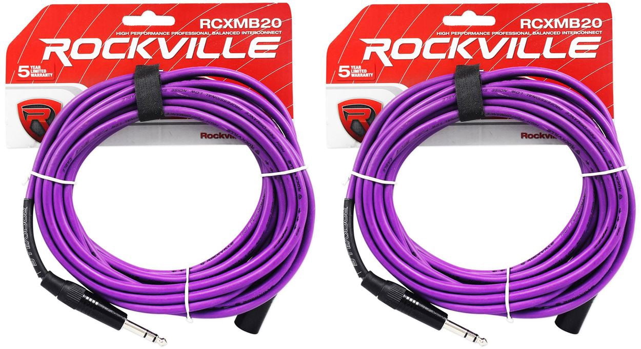 2 Rockville RCXMB20-P Purple 20' Male REAN XLR to 1/4'' TRS Balanced Cables