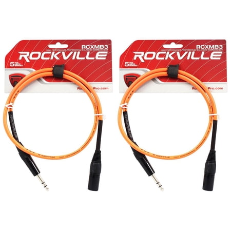 2 Rockville RCXMB3-O Orange 3' Male REAN XLR to 1/4'' TRS Balanced Cables