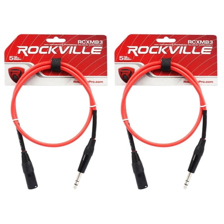 2 Rockville RCXMB3-R Red 3' Male REAN XLR to 1/4'' TRS Balanced Cables