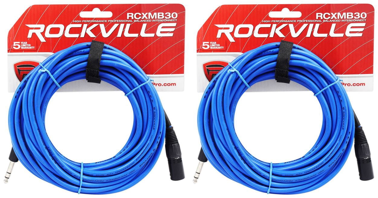 2 Rockville RCXMB30-BL Blue 30' Male REAN XLR to 1/4'' TRS Balanced Cables