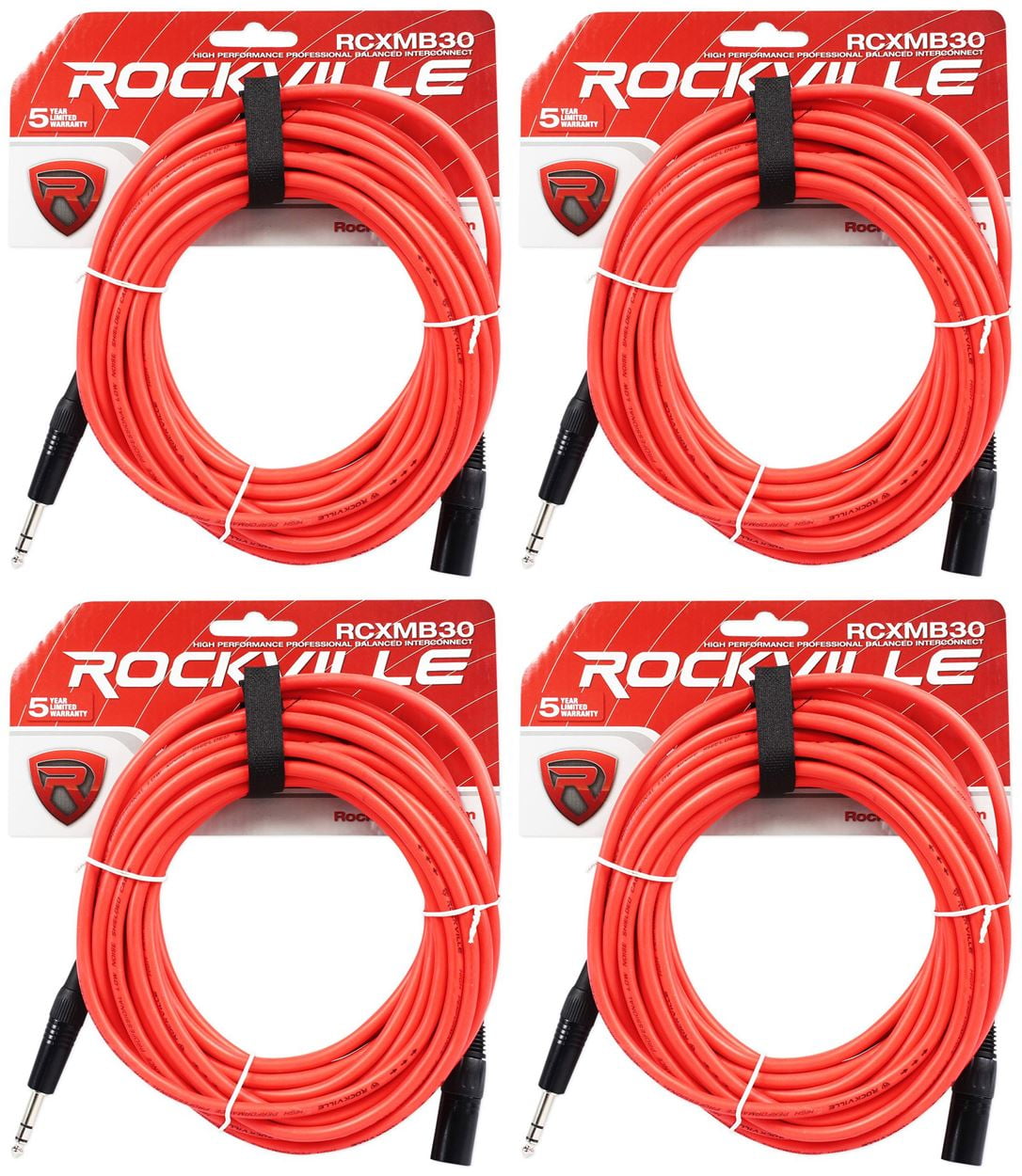 2 Rockville RCXMB30-R Red 30' Male REAN XLR to 1/4'' TRS Balanced Cables