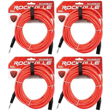 2 Rockville RCXMB30-R Red 30' Male REAN XLR to 1/4'' TRS Balanced Cables