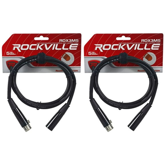 (2) Rockville RDX3M5 5 Foot 3 Pin DMX Lighting Cables 100% Copper Female to Male