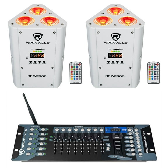 (2) Rockville RF WEDGE WHITE RGBWA+UV Battery Wireless DMX Up Lights+Controller