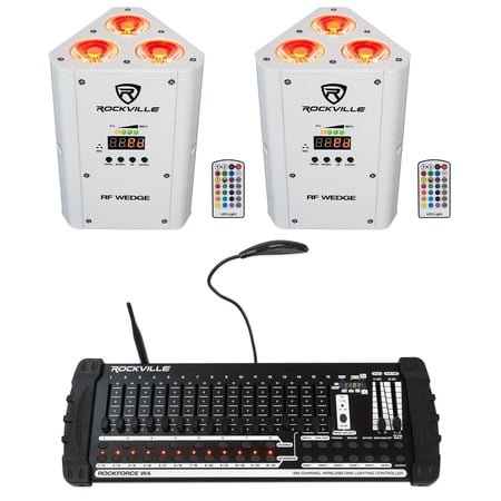 (2) Rockville RF WEDGE WHITE RGBWA+UV Wireless DMX Up Lights+384 Ch. Controller