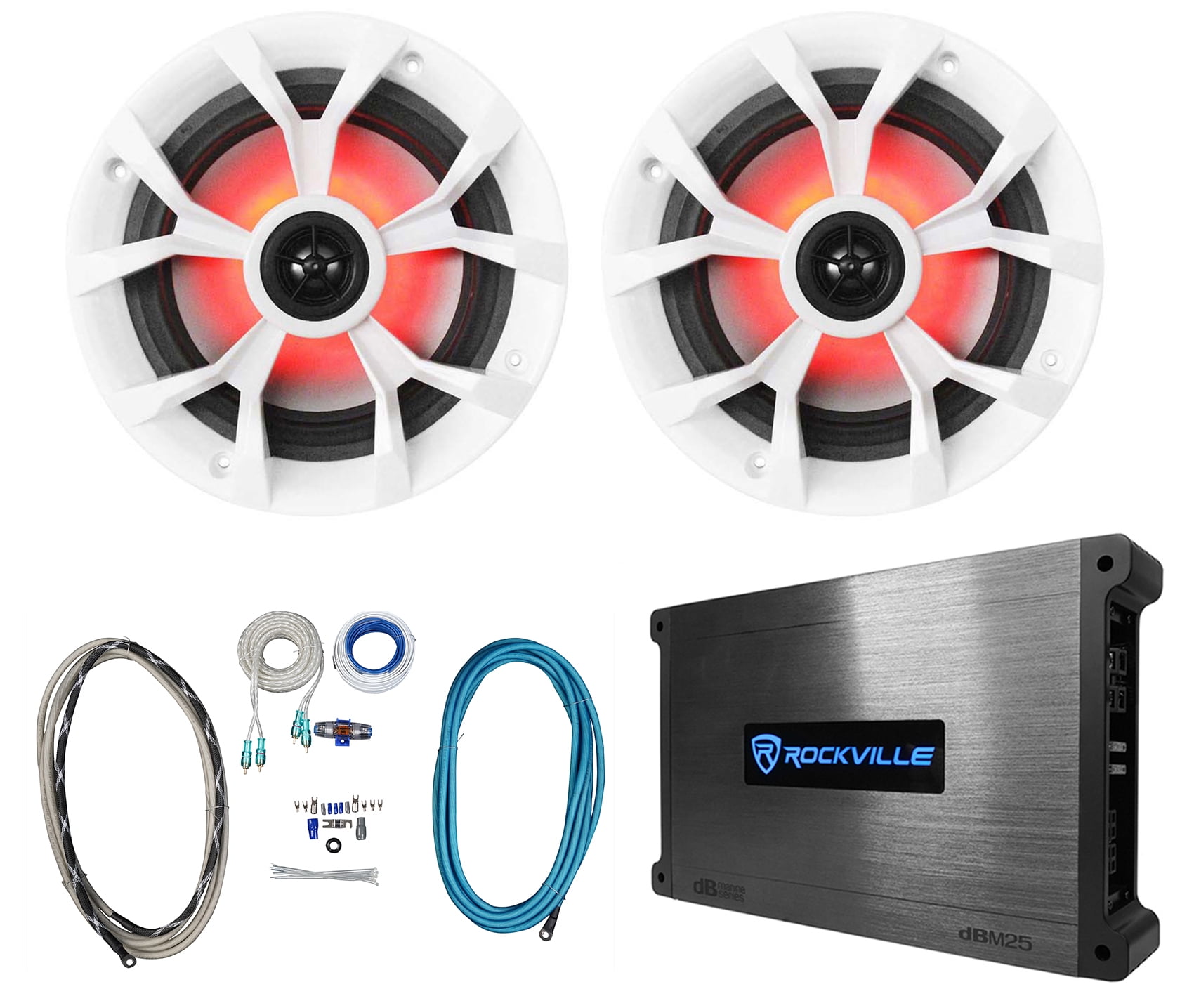 (2) Rockville RKL65MBW 6.5" 700 Watt Marine Boat LED Speakers+Amplifier
