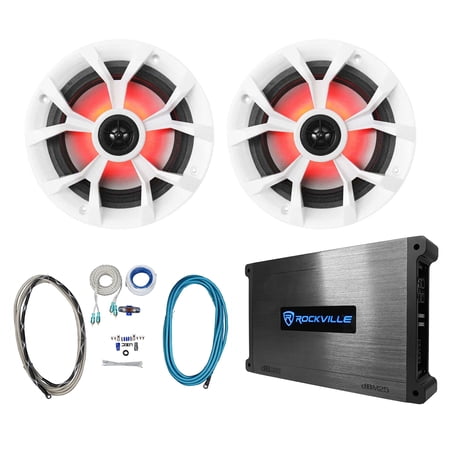 (2) Rockville RKL65MBW 6.5" 700 Watt Marine Boat LED Speakers+Amplifier+Amp Kit