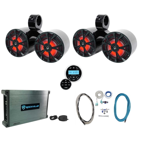 2) Rockville RKL65MBW 6.5" Marine Dual Wakeboard Tower LED Speakers+Amp+Receiver