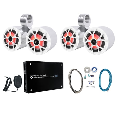(2) Rockville RKL65MBW Dual 6.5" Marine Wakeboard LED Speakers+Amplifier+Wires