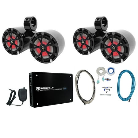 2) Rockville RKL80MB Dual 8" Marine Black Wakeboard LED Speakers+Amplifier+Wires