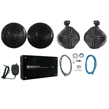 (2) Rockville RMC80B 8" Marine Boat Speakers+(2) 8" Wakeboards+4-Ch Amp+Wire Kit