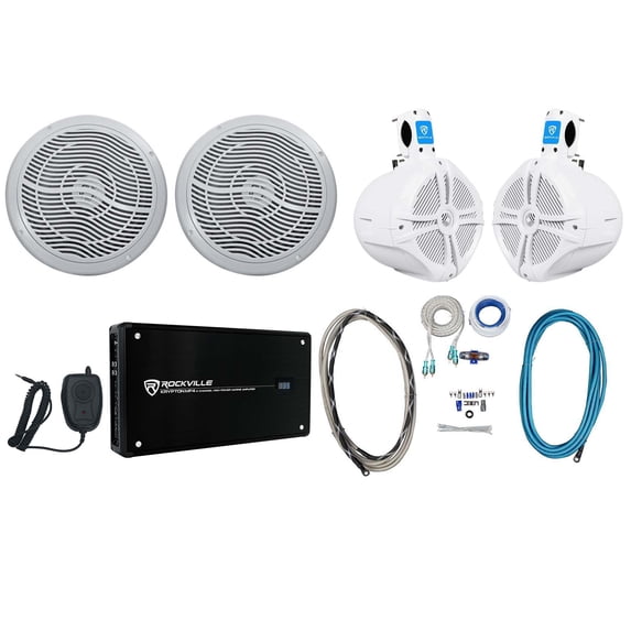 (2) Rockville RMC80S 8" Marine Boat Speakers+(2) 8" Wakeboards+4-Ch Amp+Wire Kit