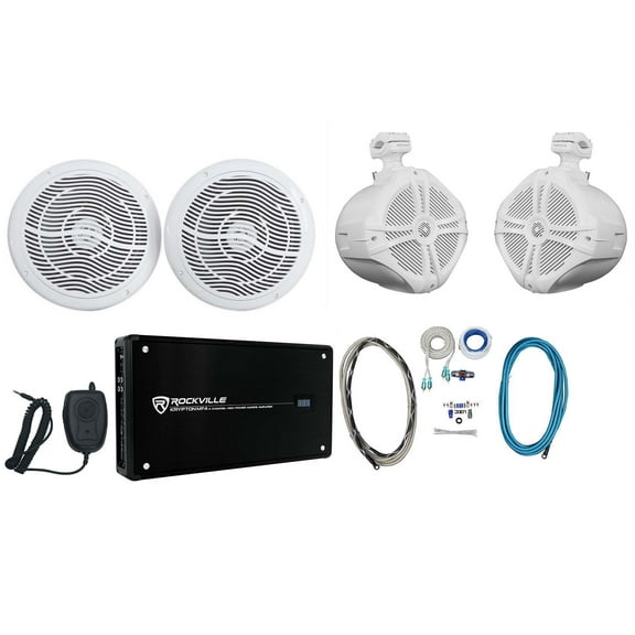 (2) Rockville RMC80W 8" Marine Boat Speakers+(2) 8" Wakeboards+4-Ch Amp+Wire Kit