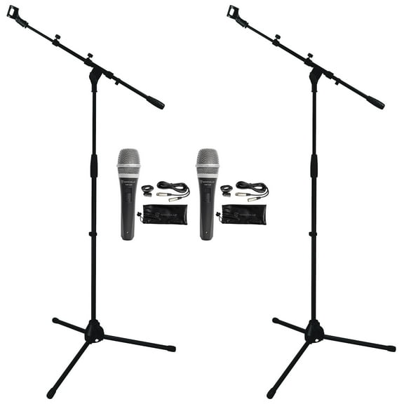 2 Rockville RMP-XLR Dynamic Cardioid Pro Microphones+10' XLR Cables+Clips+Stands