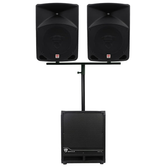 (2) Rockville RPG10 10" Active DJ PA Speakers+Dual Mount+12" Powered Subwoofer