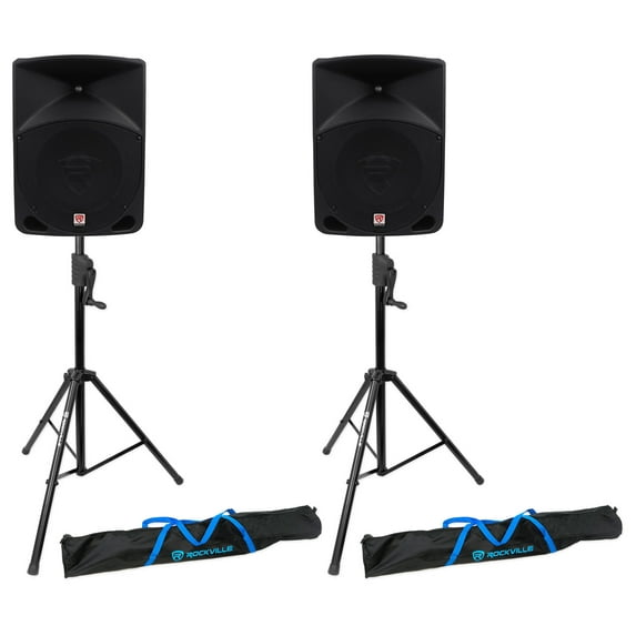 (2) Rockville RPG10 10" Powered 600 Watt DJ PA Speakers+Crank-Up Speaker Stands