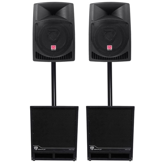 (2) Rockville RPG12 12" Powered 1600w DJ PA Speakers+(2) 15" Powered Subwoofers