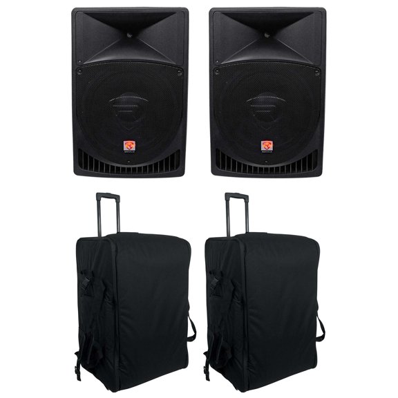 (2) Rockville RPG15 15" Powered 1000 Watt DJ PA Speakers+(2) Rolling Travel Bags