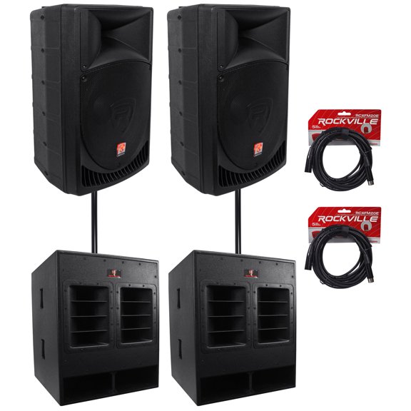 (2) Rockville RPG15 15" Powered 1000W DJ/PA Speakers+ 18" Subs+Poles+Cables