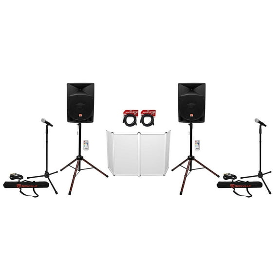 2) Rockville RPG15 15" Powered 1000w DJ PA Speakers+LED Stands+Facade+(2) Mics